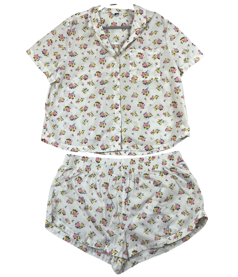 Old Navy Pajama Short Set XL Classic White Floral Print Collared Button Front